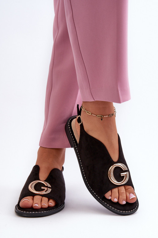 Elegante stijl Damessandalen met ornamenten gemaakt van eco suède S.Barski KV27-058 zwarte kleur