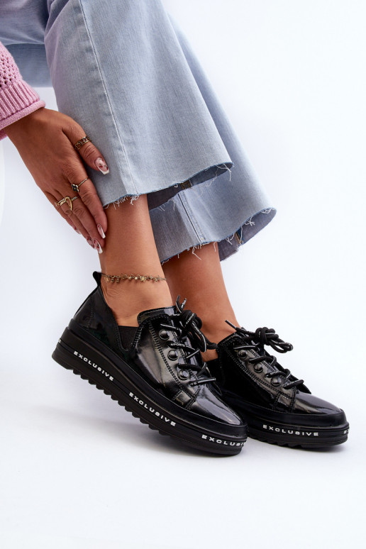 Veterschoenen met platform natuurlijk leer S.Barski LR620 zwarte kleur