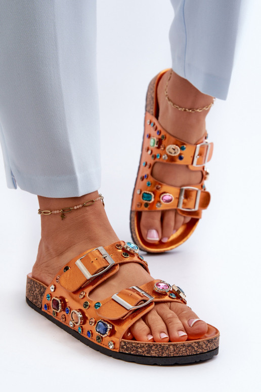 Versierde damesslippers met gespen S.Barski MY121 oranje kleur