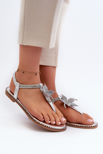 Platte sandalen voor dames met bloemen in zilverkleur Edoni