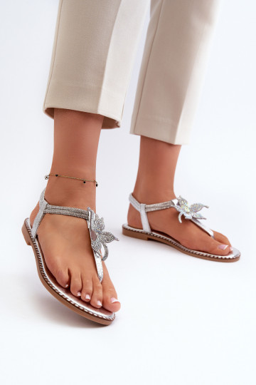 Platte sandalen voor dames met bloemen in zilverkleur Edoni 2