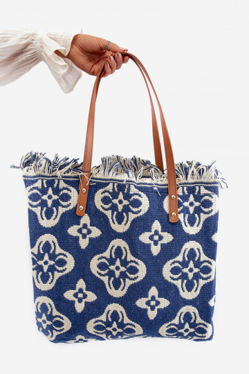 Wzorzysta gevlochten handtas/strandtas marineblauw Sadhara