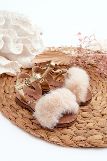 Sandalen Kinder met zelfklevende sluitingen met bont, goudkleur Rosavere