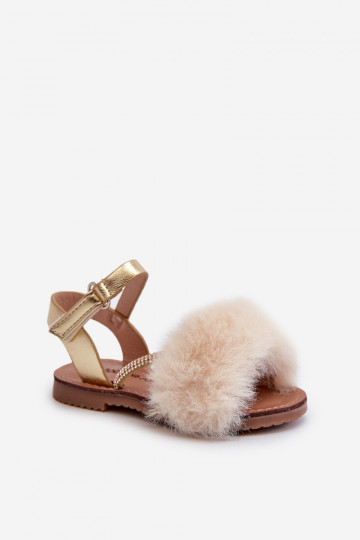 Sandalen Kinder met zelfklevende sluitingen met bont, goudkleur Rosavere 2