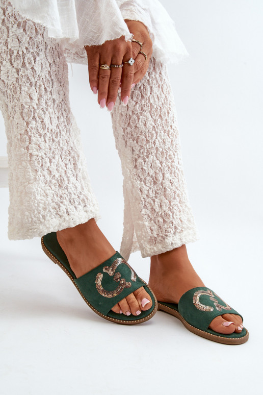 Platte damesslippers met glanzende schubben S.Barski KV27-052 groene kleur