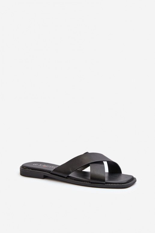 Damesslippers met brede hakken gemaakt van ecoleer S.Barski KV27-002 zwarte kleur