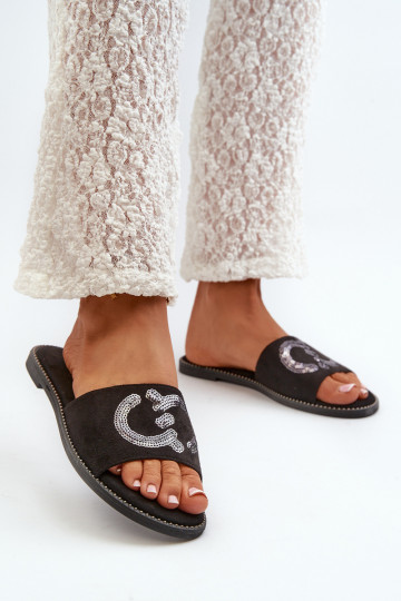 Platte damesslippers met glanzende schubben S.Barski KV27-052 zwarte kleur 2