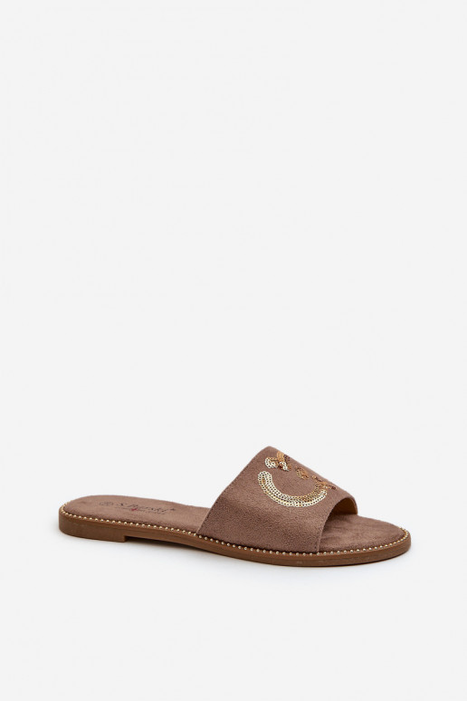 Platte damesslippers met glanzende schubben S.Barski KV27-052 bruine kleur