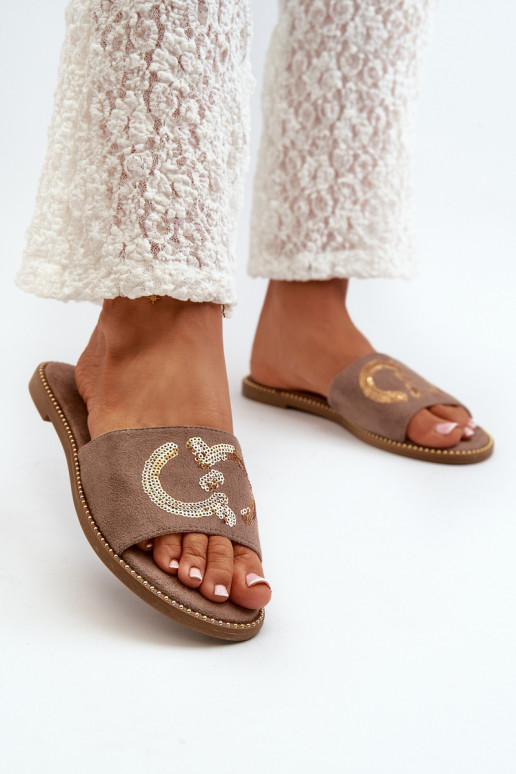 Platte damesslippers met glanzende schubben S.Barski KV27-052 bruine kleur