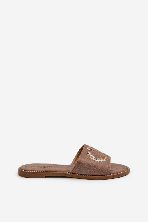 Platte damesslippers met glanzende schubben S.Barski KV27-052 bruine kleur