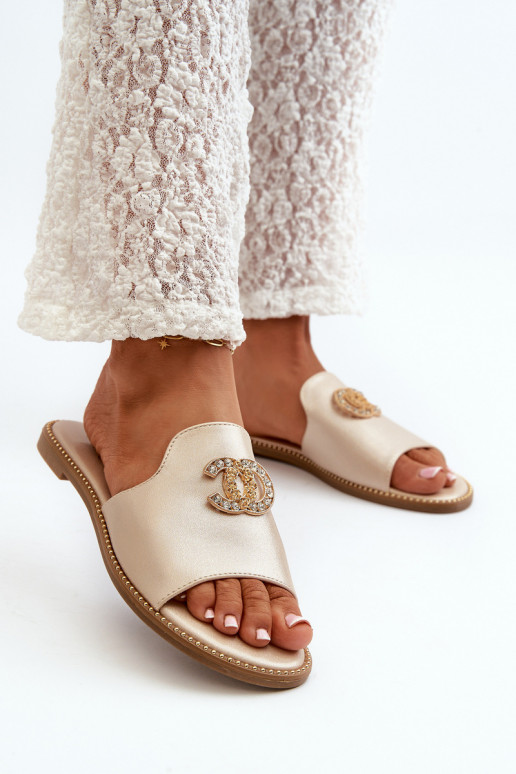 Elegante stijl Damespantoffels met glitters met ornamenten S.Barski KV27-050 goudkleur Elegante stijl Damespantoffels met glitters met ornamenten S.Barski KV27-050 goudkleur