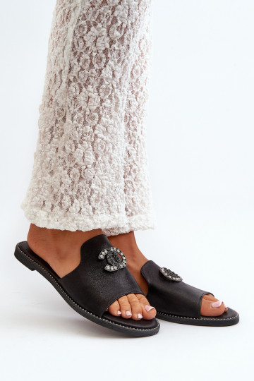 Elegante stijl Damespantoffels met glans met ornamenten S.Barski KV27-050 zwarte kleur 2