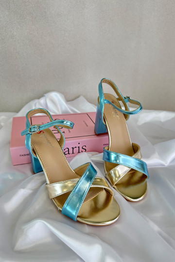 Hemelsblauwe-gouden elegante hoge hak sandalen van kunstleer met inscriptie Abilica 2