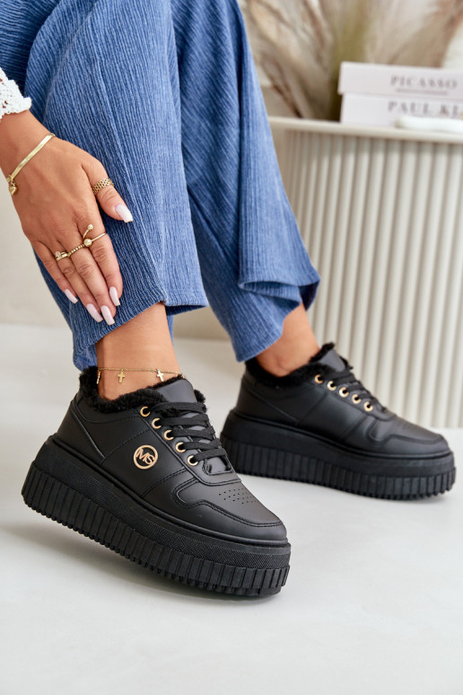 Sneakers model schoenen sportschoenen Dames warm met modieuze massieve zolen zwarte kleur Verissha