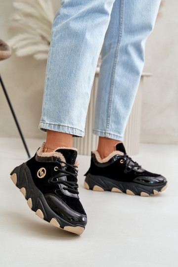 Damessportschoenen met veters, verwarmd met een platform in zwart Biaola