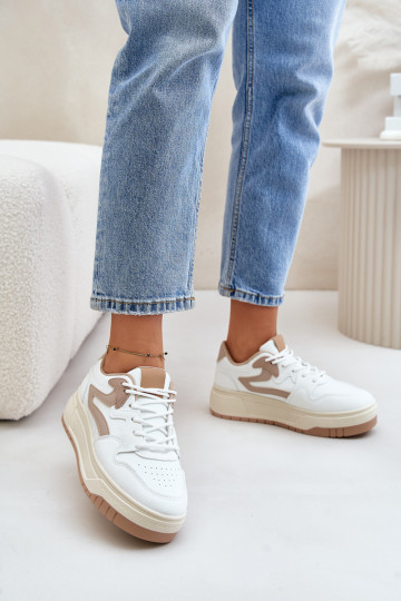 Damessneakers model schoenen gemaakt van eco-leer met een platform in wit-zandkleur Henizore