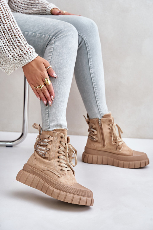 Dameslaarzen met platform Met sierlijk Vetersluitingm bruine kleur Edidda