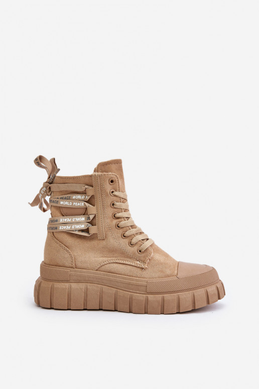 Dameslaarzen met platform Met sierlijk Vetersluitingm bruine kleur Edidda