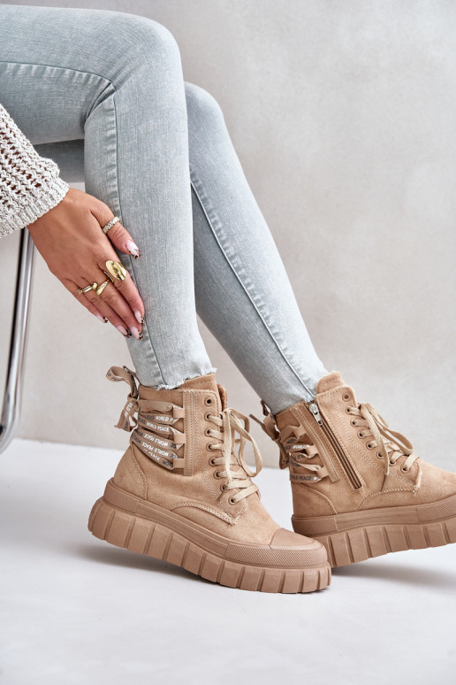 Dameslaarzen met platform Met sierlijk Vetersluitingm bruine kleur Edidda