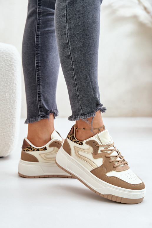 Dames Sneakers model schoenen van ecoleer met platform met luipaardbontpatronen beige Henizore