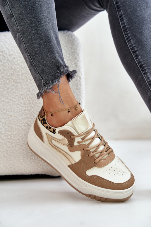 Dames Sneakers model schoenen van ecoleer met platform met luipaardbontpatronen beige Henizore