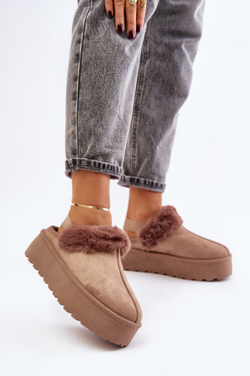 Slippers Dames met platform met bont beige Linaris