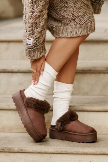 Slippers Dames met platform met bont bruine kleur Linaris
