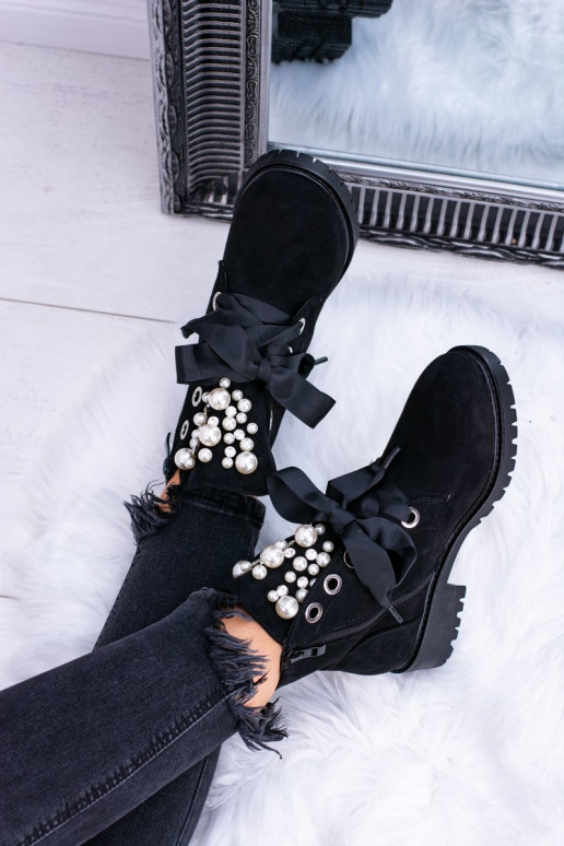 van suède opInarmen Laarzen met imitatieparels en lint zInart Perla