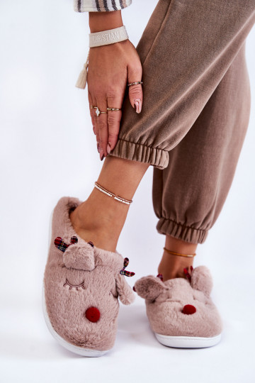 Dames Kerstmis met bont slippers met herten beige Clarie