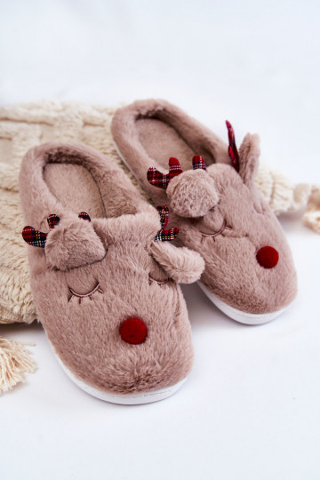 Dames sloffen Christmas met bont met rendieren zandkleurig Clarie 2