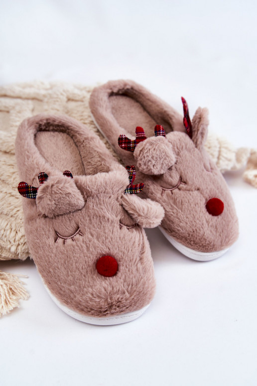 Dames sloffen Christmas met bont met rendieren zandkleurig Clarie