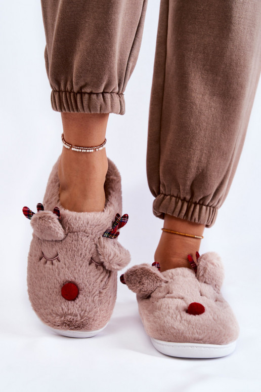 Dames Kerstmis met bont slippers met herten beige Clarie Dames Kerstmis met bont slippers met herten beige Clarie