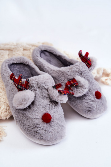 Dames Kerstmis met bont slippers met herten grijs Clarie 2
