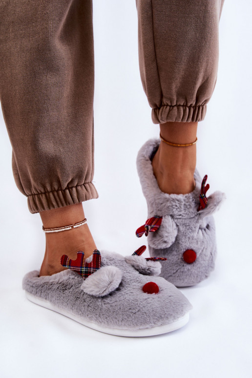 Dames Kerstmis met bont slippers met herten grijs Clarie