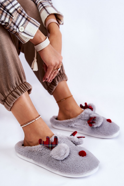 Dames Kerstmis met bont slippers met herten grijs Clarie