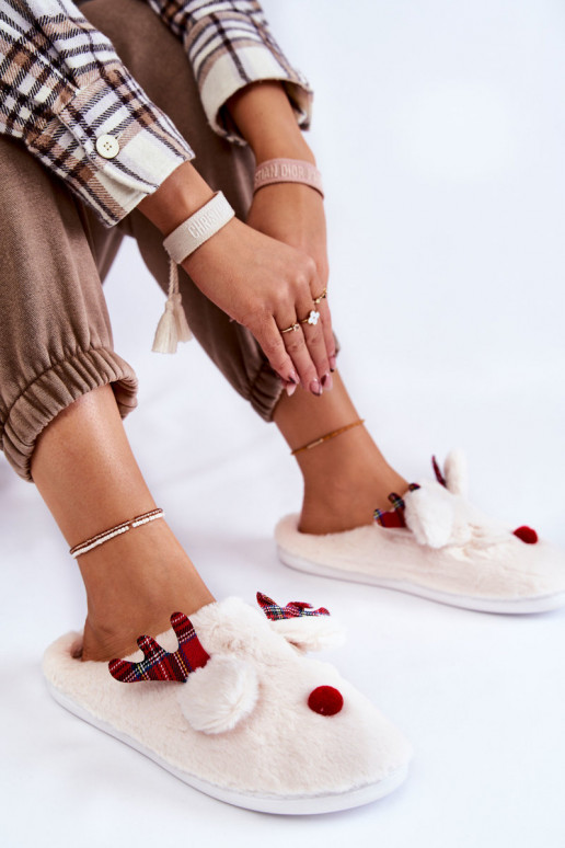 Dames Kerstmis met bont slippers met herten crème kleuren Clarie Dames Kerstmis met bont slippers met herten crème kleuren Clarie
