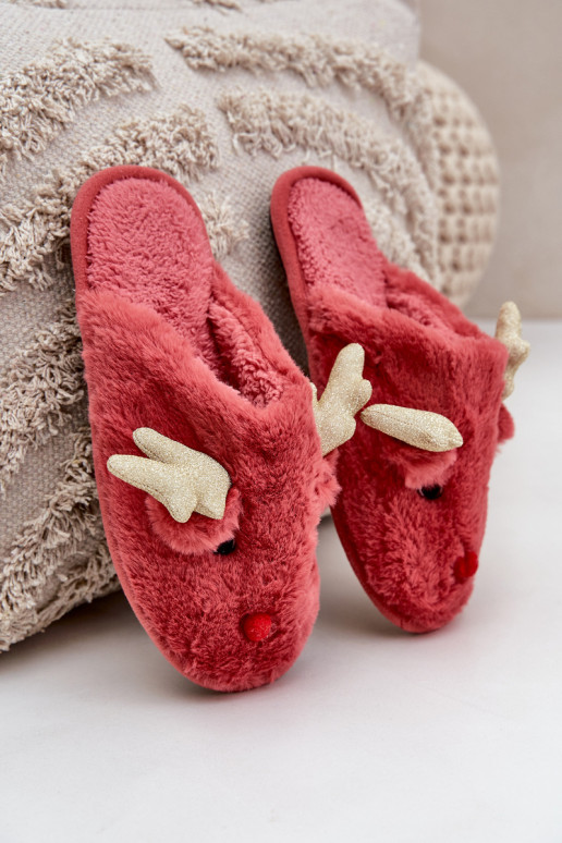 Slippers Kerstmis Met Thema Rendier met bont koraal kleuren Asielle Slippers Kerstmis Met Thema Rendier met bont koraal kleuren Asielle