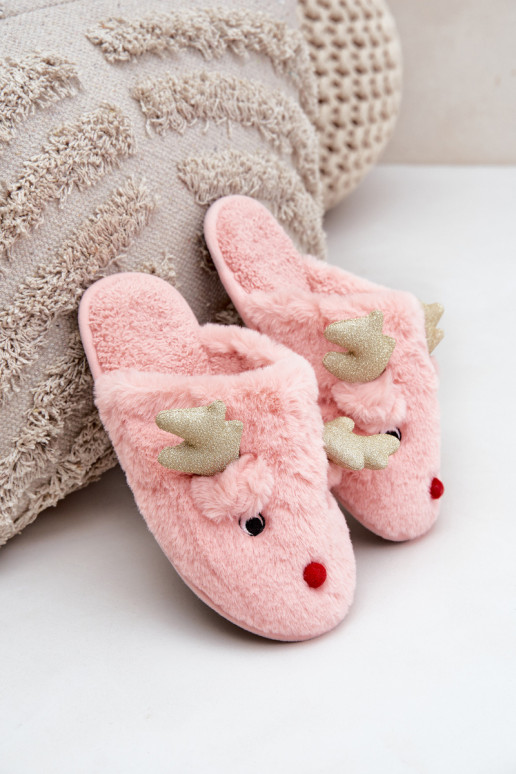 Kerstslippers met een rendier-thema met bont in roze kleur Asielle