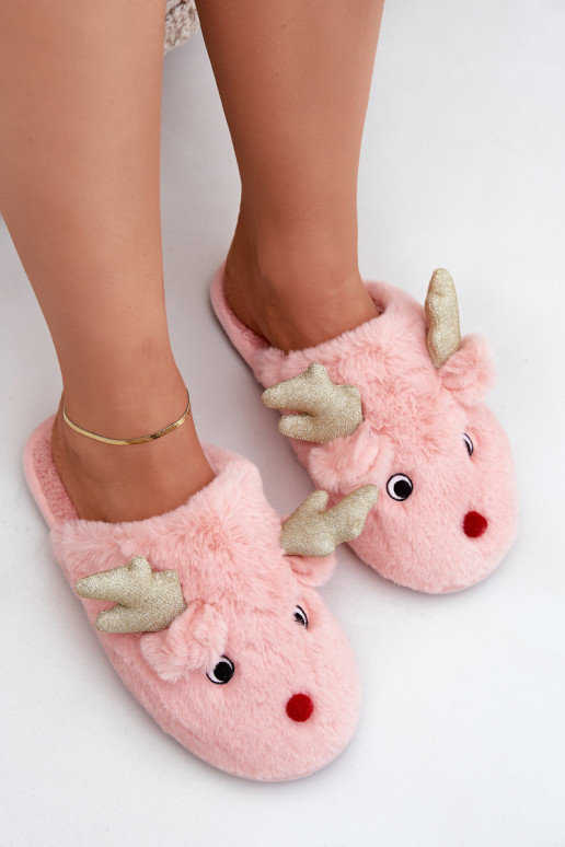 Slippers Kerstmis Met Thema Rendier met bont roze Asielle Slippers Kerstmis Met Thema Rendier met bont roze Asielle