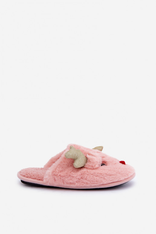 Kerstslippers met een rendier-thema met bont in roze kleur Asielle