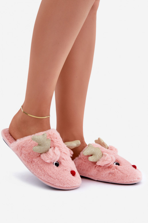 Slippers Kerstmis Met Thema Rendier met bont roze Asielle Slippers Kerstmis Met Thema Rendier met bont roze Asielle