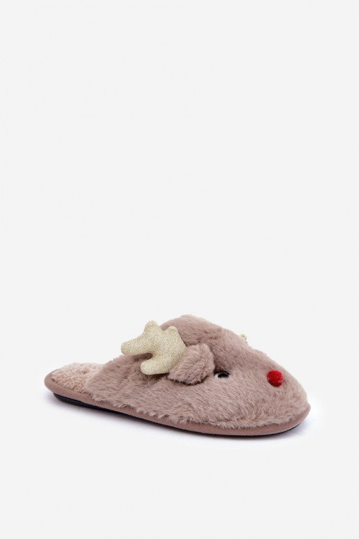 Slippers Kerstmis Met Thema Rendier met bont beige Asielle Slippers Kerstmis Met Thema Rendier met bont beige Asielle