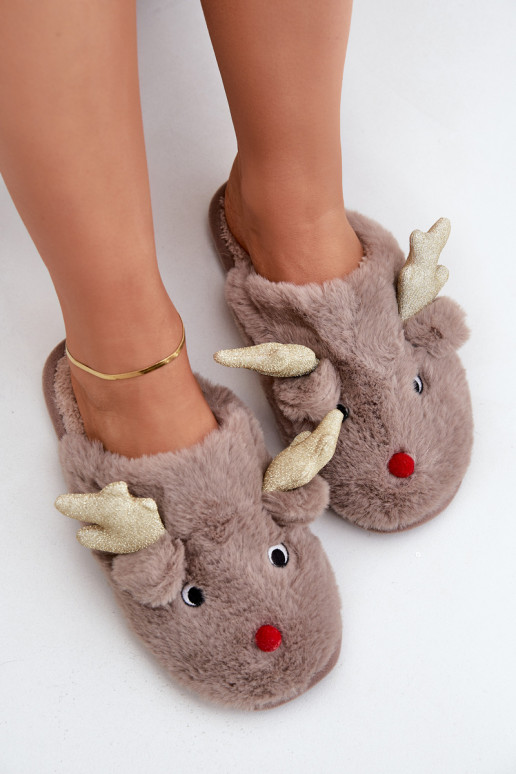 Slippers Kerstmis Met Thema Rendier met bont beige Asielle Slippers Kerstmis Met Thema Rendier met bont beige Asielle