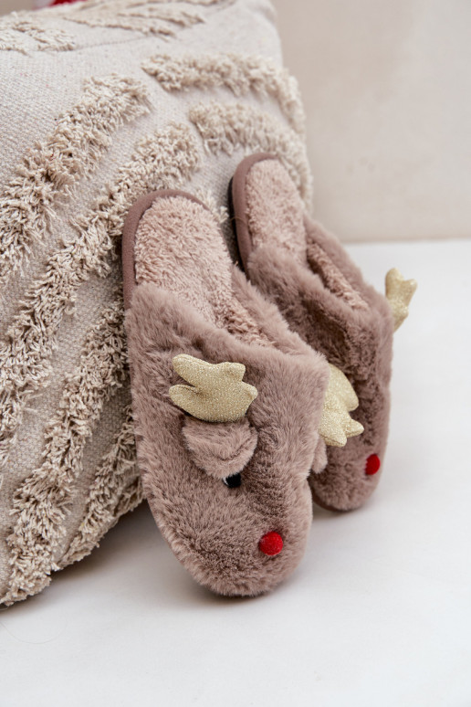 Slippers Kerstmis Met Thema Rendier met bont beige Asielle Slippers Kerstmis Met Thema Rendier met bont beige Asielle