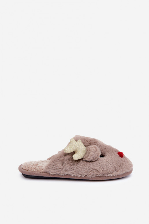 Kerstslippers met een rendier-thema met bont in zandkleur Asielle