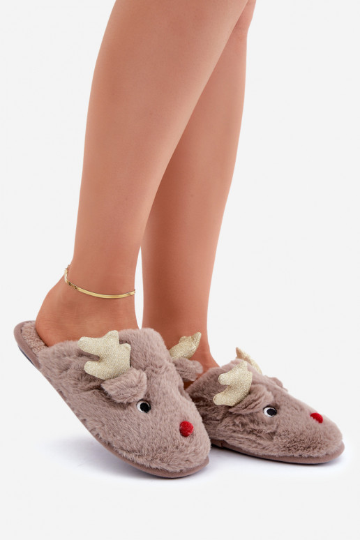 Kerstslippers met een rendier-thema met bont in zandkleur Asielle
