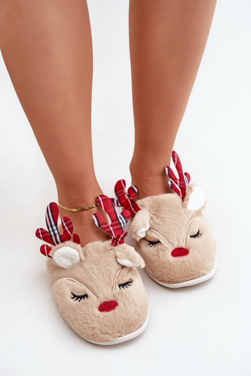 Kerstslippers met een rendier-thema in zandkleur Sylaia