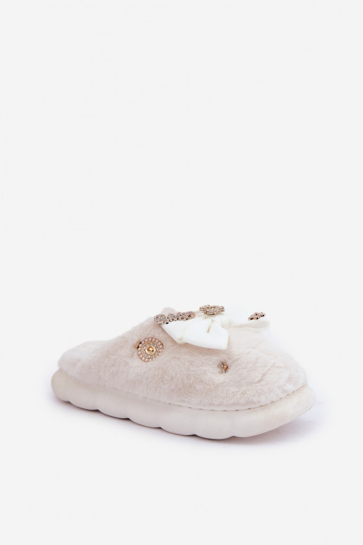 Slippers met strikken en bont in witte kleur Annalira