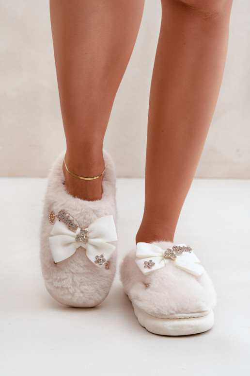 Slippers met strikken en bont in witte kleur Annalira
