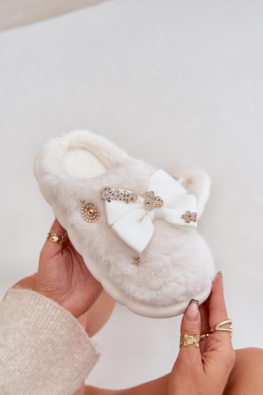 Slippers met strikken en bont in witte kleur Annalira
